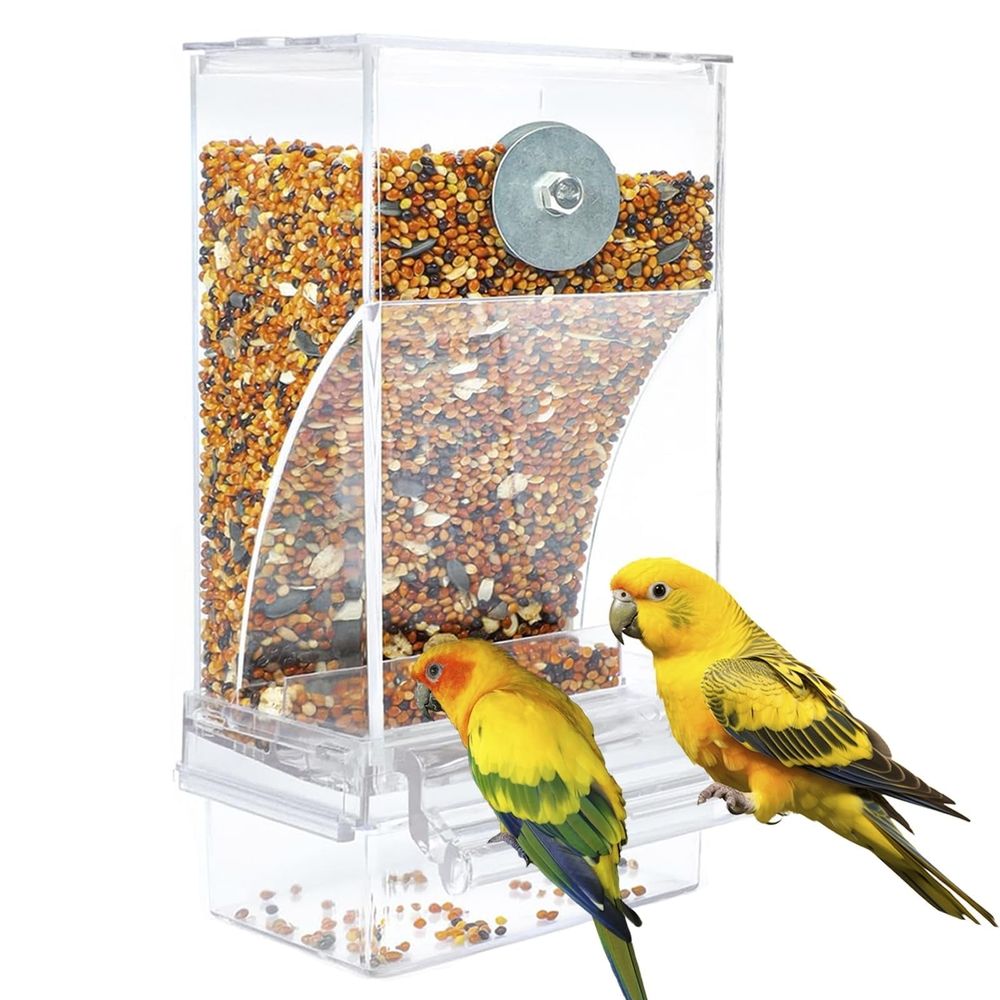 Automatic Parrot Feeder for Lovebirds, Transparent Seed Container, No Mess Food Dispenser for Small and Medium Birds