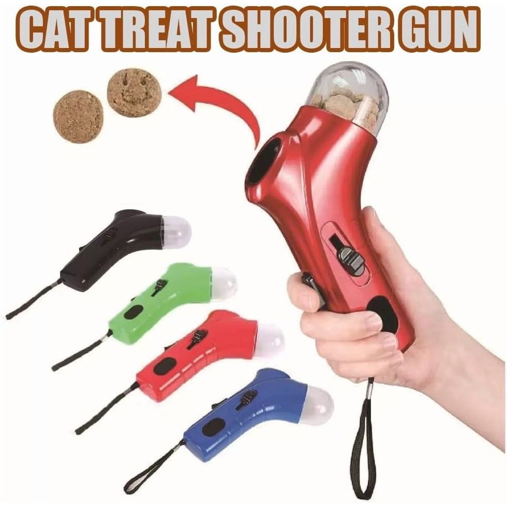 Cat Treat Launcher Gun, Cat and Dog Food Shooter Gun, Handheld Interactive Pet Snack Catapult, Fun Cat Ball Dispenser Gun Toy, Kitten Puppy Exercise Training Feeder for Park Walk Home(Red)