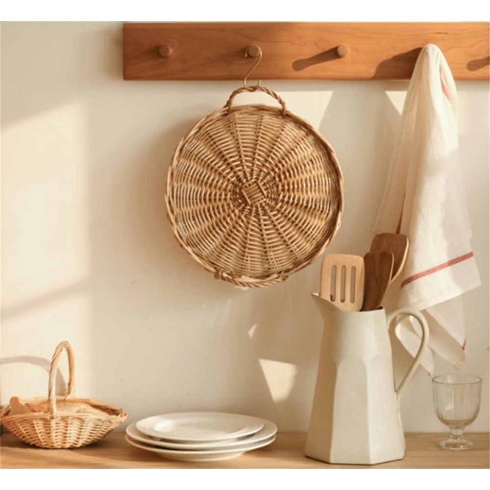 1 Pc Round Wicker Tray,Decorative Tray for Ottomans,Hand-Woven Platter for Snacks,Binaural Portable Tray,Bread Snack Fruit Tray