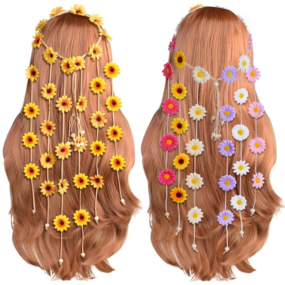 2Pcs Floral Headbands for Women Daisy Flower Hairbands Boho 60s 70s Hippie Accessories Fairy Crown Party Costume Outfits Headdress, Colorful and Yellow