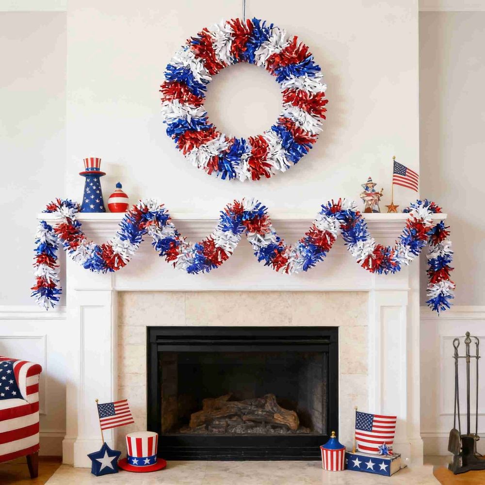 4th of July Patriotic Tinsel Garland Decor, 5Pcs 33ft Red White Blue Metallic Chunky Glitter Party Tinsel for Independence Day, Memorial Day, National Holiday Decoration, Tree, Mantle, Outdoor