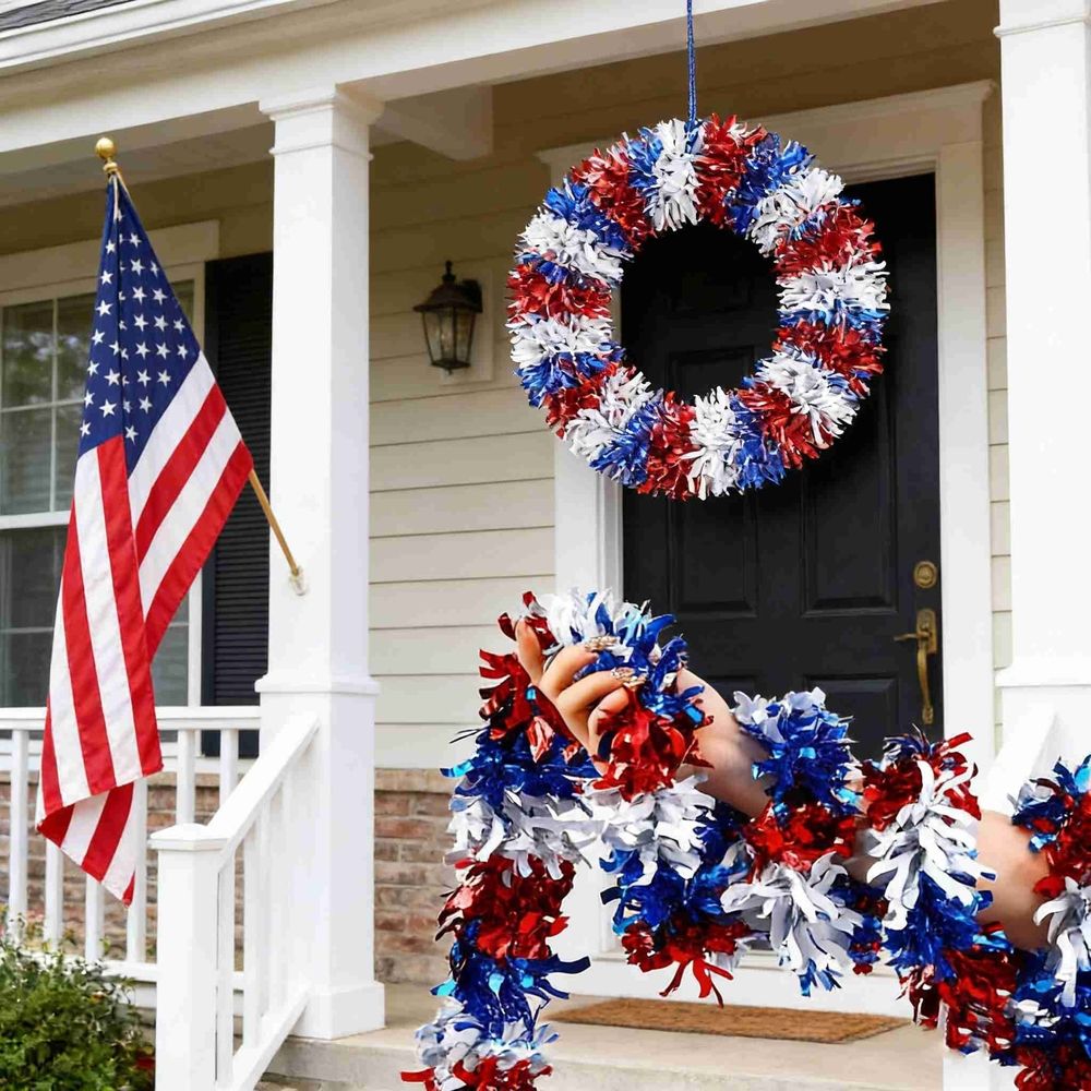 4th of July Patriotic Tinsel Garland Decor, 5Pcs 33ft Red White Blue Metallic Chunky Glitter Party Tinsel for Independence Day, Memorial Day, National Holiday Decoration, Tree, Mantle, Outdoor