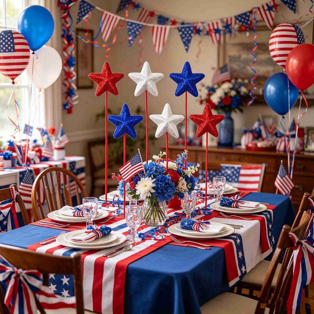 MODANU 12 Pcs 4th of July Decorations, Glitter Puffy Star Picks Foam Star Stems Red White and Blue Artificial Flowers for Patriotic Wreath Table Centerpieces Decoration, Red&Blue&White