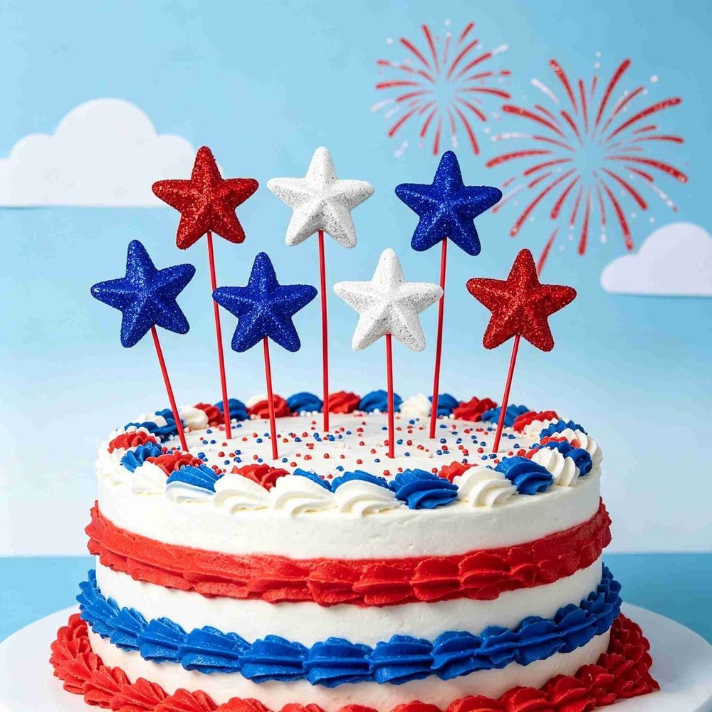 MODANU 12 Pcs 4th of July Decorations, Glitter Puffy Star Picks Foam Star Stems Red White and Blue Artificial Flowers for Patriotic Wreath Table Centerpieces Decoration, Red&Blue&White