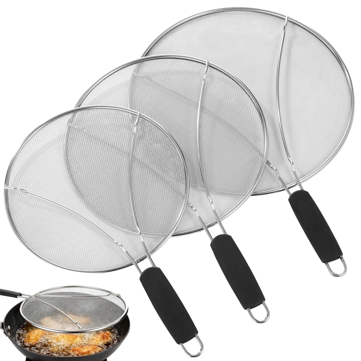PCS Stainless Steel Fine Mesh Splatter Screen with Handle, 9.8" 11.4" 13" Grease Splatter Guard for Frying Pan, Hot Oil Splash Protector, Filtering Mesh for Veggie Fruits Pasta, Cooling Rack