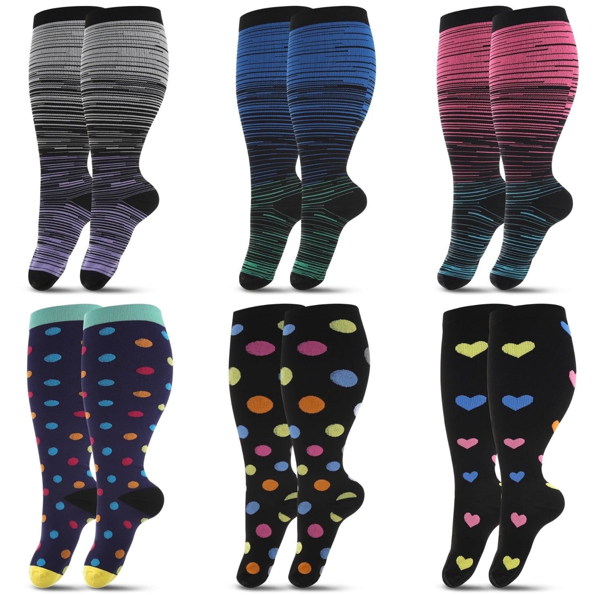 6 Pairs Sports Socks for Women Men Wide Calf High Pressure Stockings Support Socks Knee High Socks for Running, Athletics and Travel, 3XL