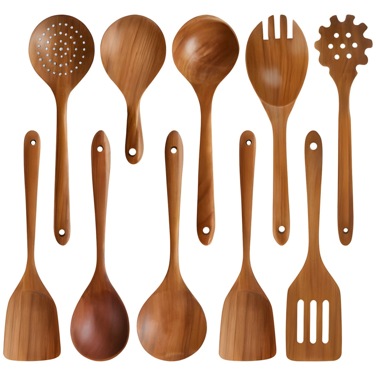 10PCS Wooden Spoons for Cooking, Nonstick Heat Resistant Teak Wood Utensil Set, Kitchen Cooking Spatulas, Long-lasting Long Handle Cookware Tools