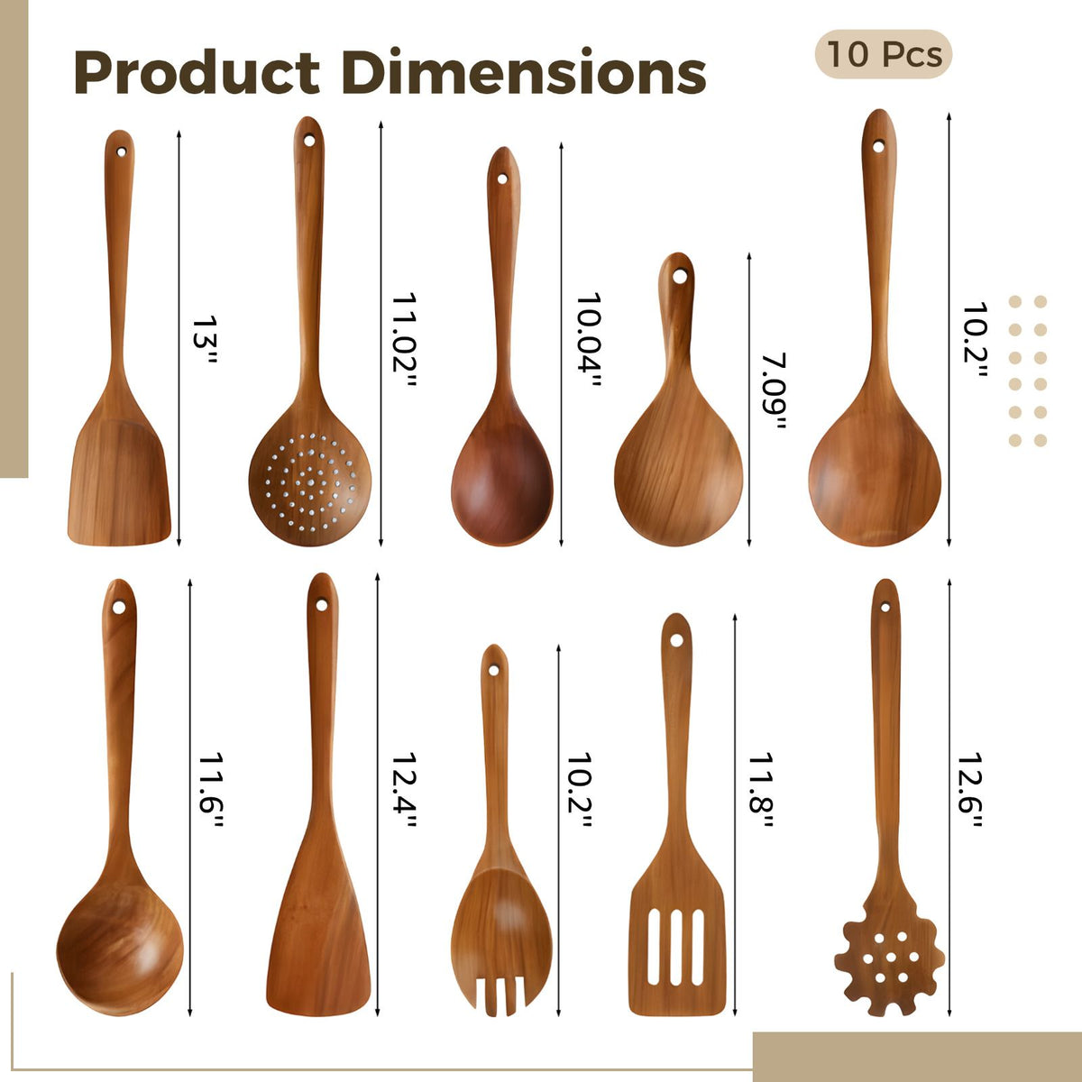 10PCS Wooden Spoons for Cooking, Nonstick Heat Resistant Teak Wood Utensil Set, Kitchen Cooking Spatulas, Long-lasting Long Handle Cookware Tools