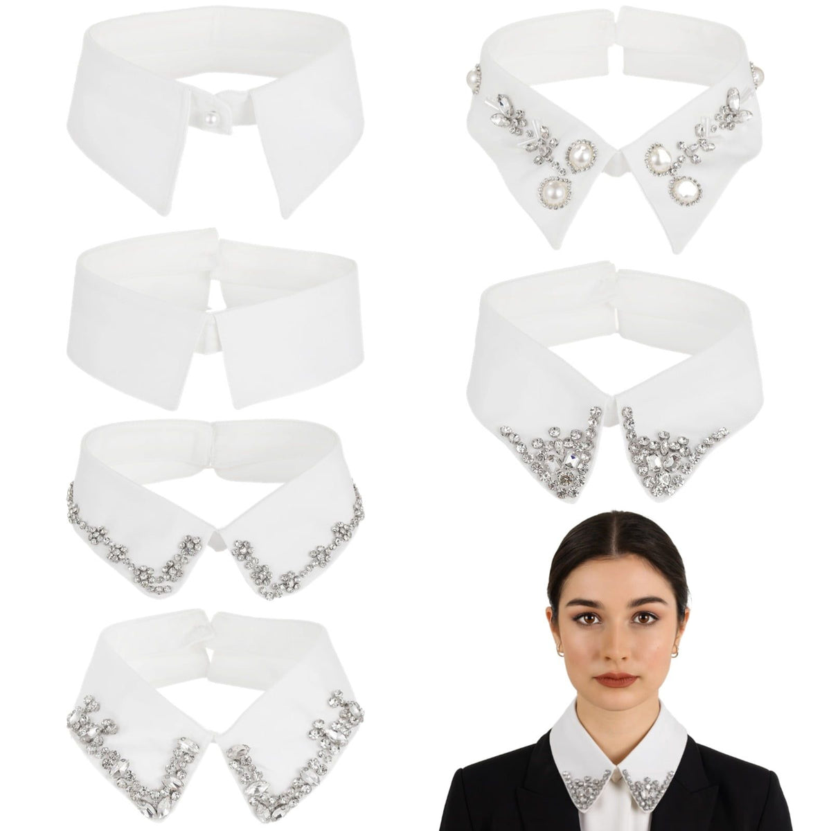 6PCS Detachable Fake Collar, White  Collar with Rhinestones, Half Shirt Blouse Collar, Fashion Accessories