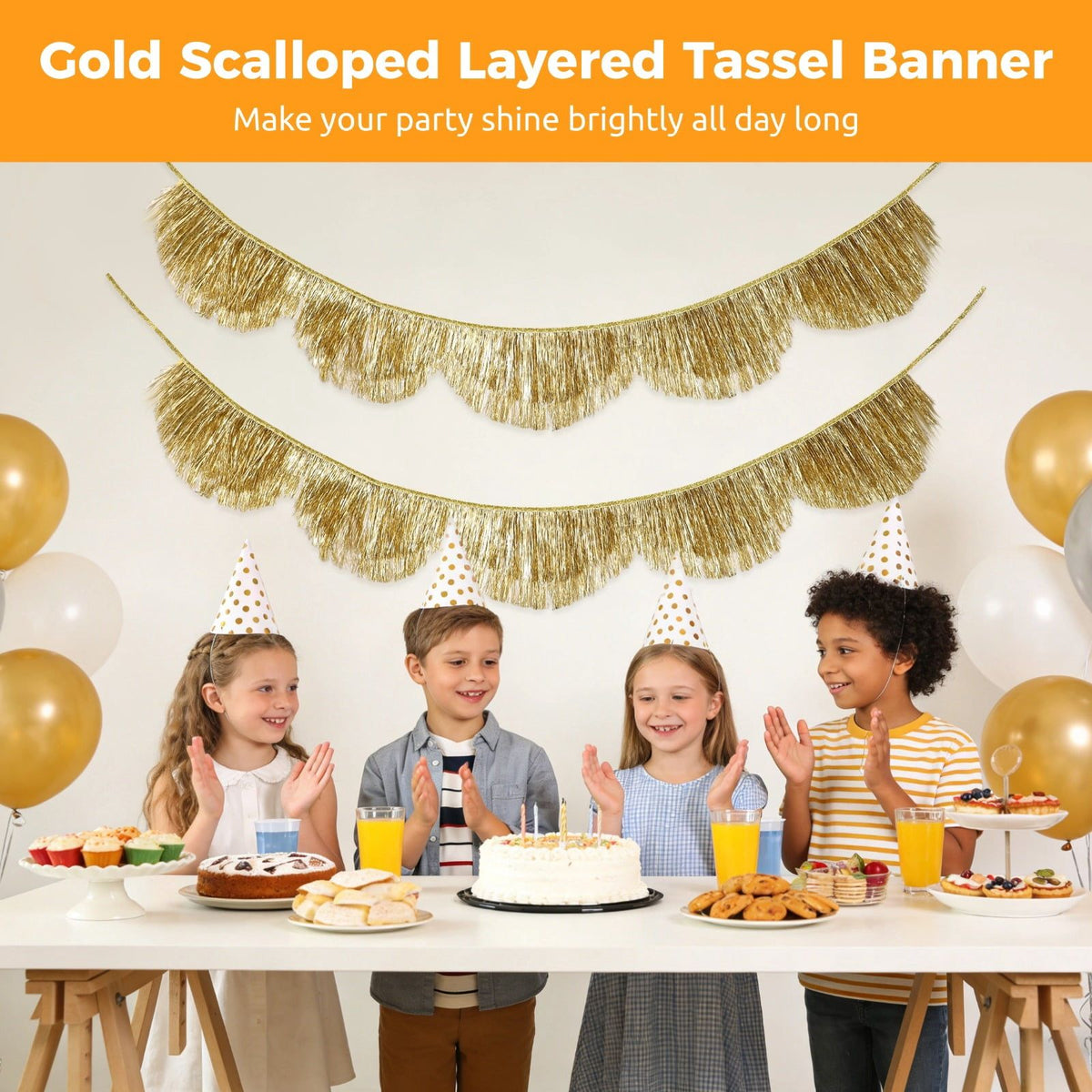 2PCS Gold Fringe Banner, 6.6ft Scalloped Layered Tassel Banner, Metallic Tinsel Garland Streamer, Shiny Backdrop for Birthday, Bachelorette, Wedding, Anniversary Party Decorations