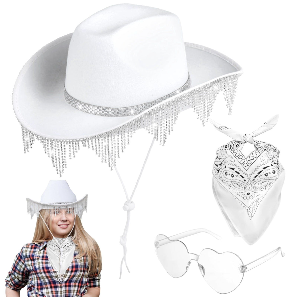 3PCS Sparkly Cowgirl Hat Set, Rhinestone Tassel White Cowgirl Hat with Heart-Shaped Glasses & Scarf, Western Style for Parties Festivals