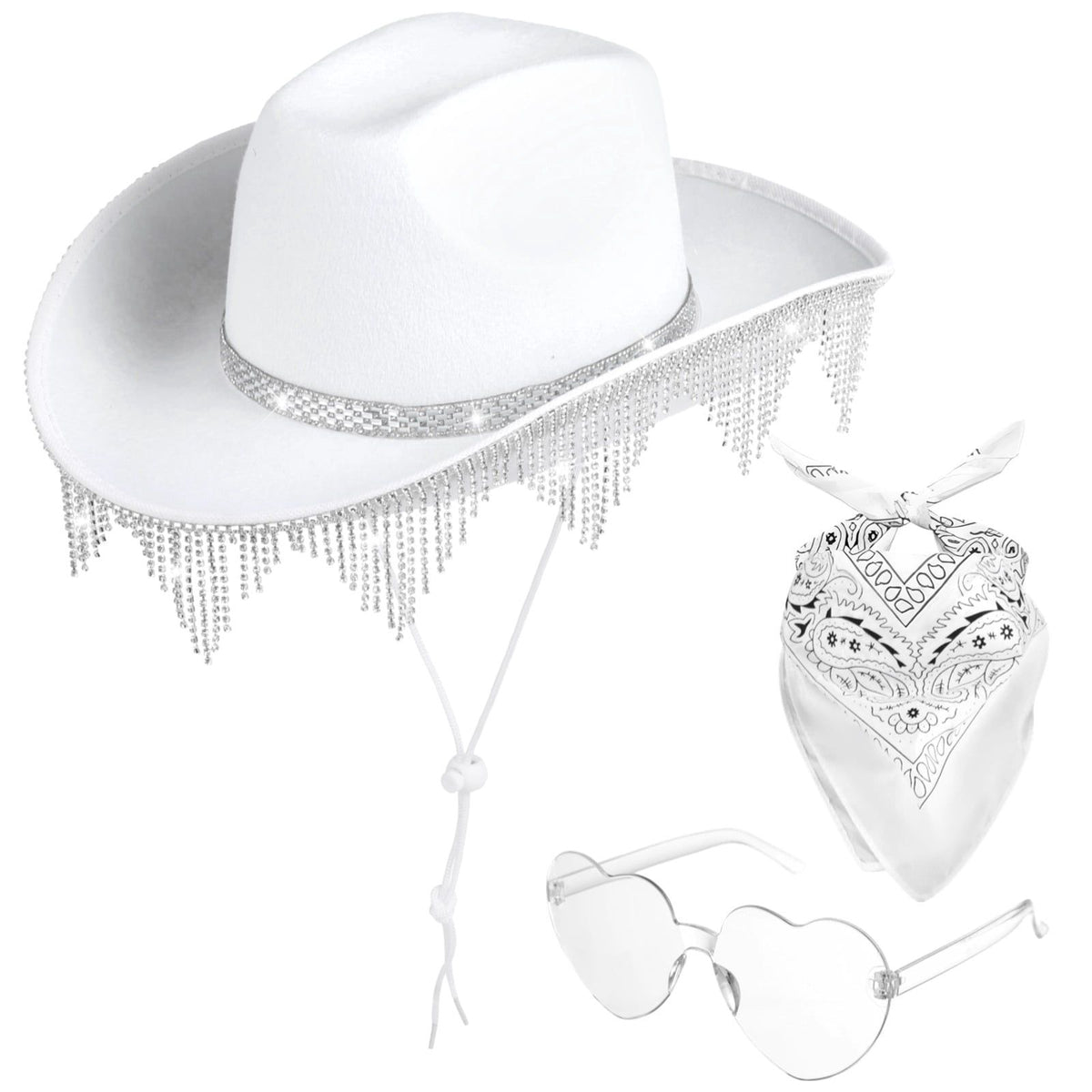 3PCS Sparkly Cowgirl Hat Set, Rhinestone Tassel White Cowgirl Hat with Heart-Shaped Glasses & Scarf, Western Style for Parties Festivals