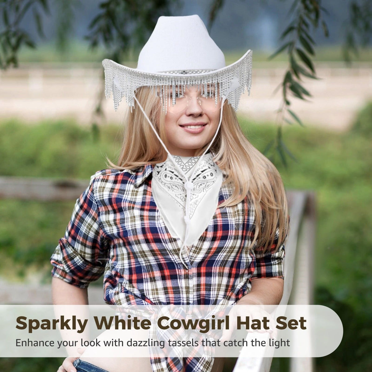 3PCS Sparkly Cowgirl Hat Set, Rhinestone Tassel White Cowgirl Hat with Heart-Shaped Glasses & Scarf, Western Style for Parties Festivals