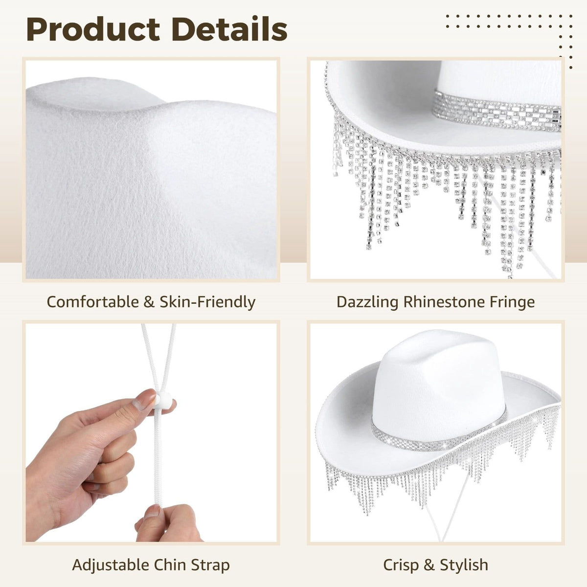 3PCS Sparkly Cowgirl Hat Set, Rhinestone Tassel White Cowgirl Hat with Heart-Shaped Glasses & Scarf, Western Style for Parties Festivals