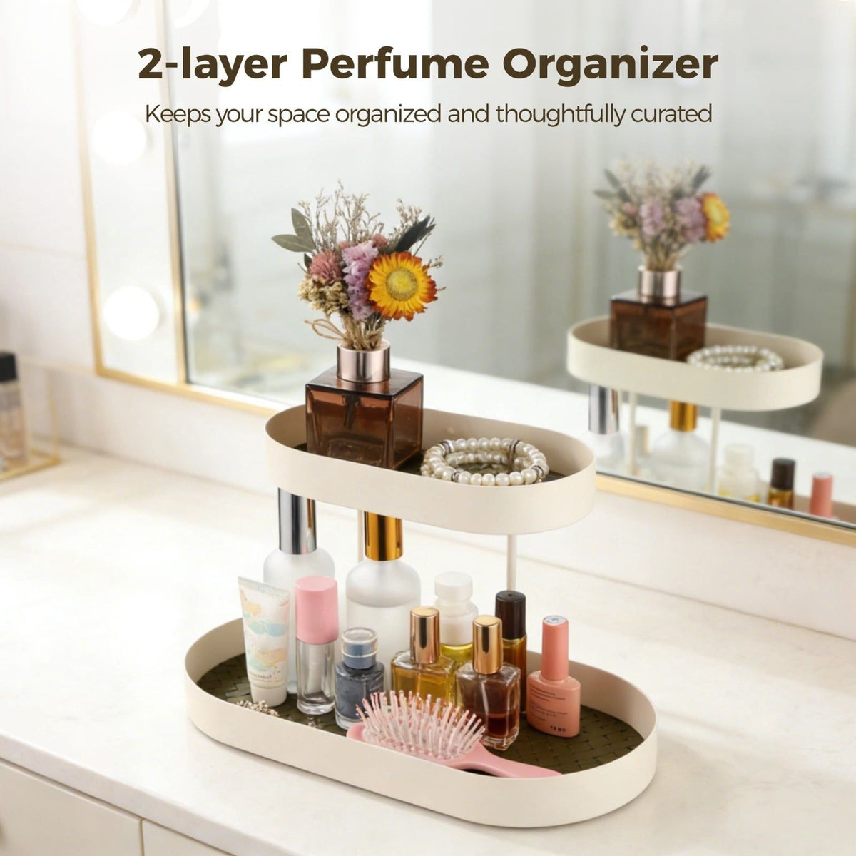 2-layer Metal Perfume Organizer, Metal Cosmetic Organizer Tray with Removable Leather Pads, Countertop Jewelry Display Rack, Vanity Storage Stand for Skincare, Trinket