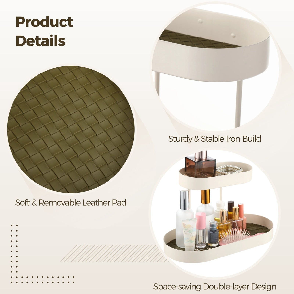 2-layer Metal Perfume Organizer, Metal Cosmetic Organizer Tray with Removable Leather Pads, Countertop Jewelry Display Rack, Vanity Storage Stand for Skincare, Trinket