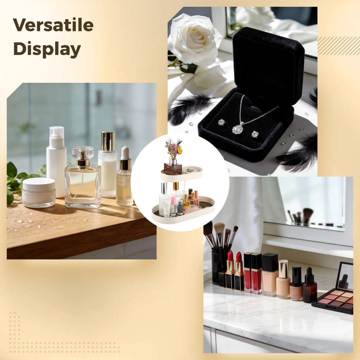 2-layer Metal Perfume Organizer, Metal Cosmetic Organizer Tray with Removable Leather Pads, Countertop Jewelry Display Rack, Vanity Storage Stand for Skincare, Trinket