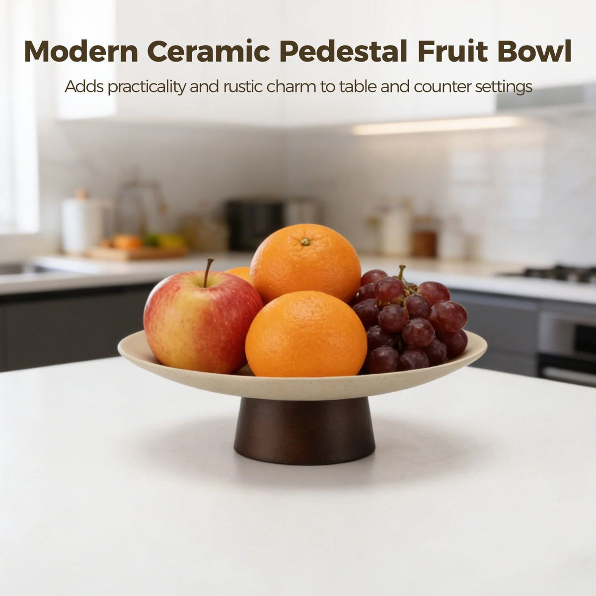 Modern Ceramic Pedestal Fruit Bowl, Shallow Serving Bowl with Wooden Base, Elevated Decorative Fruit Tray for Kitchen Counter Table Dining