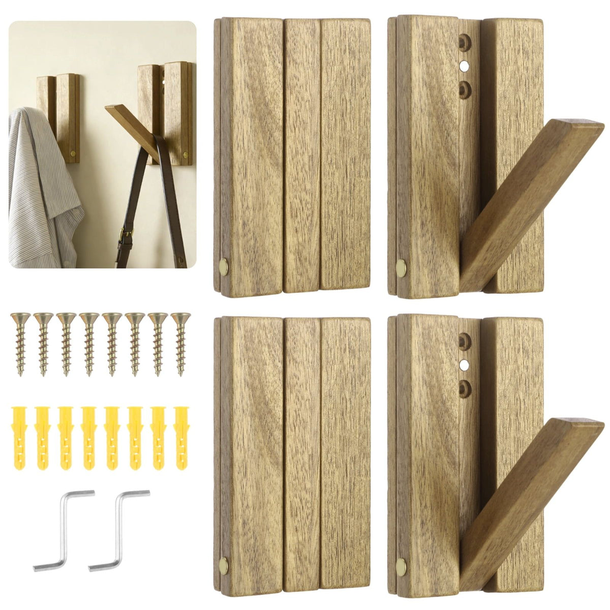 4PCS Foldable Wall Hooks, Wooden Folding Coat Hooks, Piano Key Wall Mounted Racks, Decorative Towel Robe Hat Bag Holders for Bathroom, Bedroom, Entrance