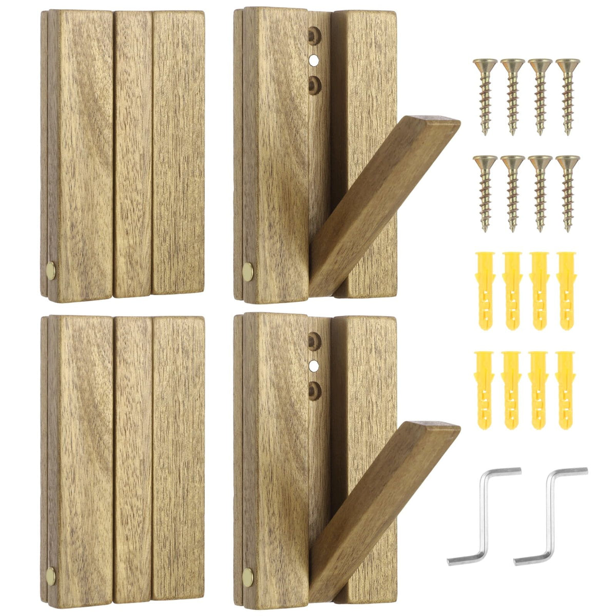 4PCS Foldable Wall Hooks, Wooden Folding Coat Hooks, Piano Key Wall Mounted Racks, Decorative Towel Robe Hat Bag Holders for Bathroom, Bedroom, Entrance