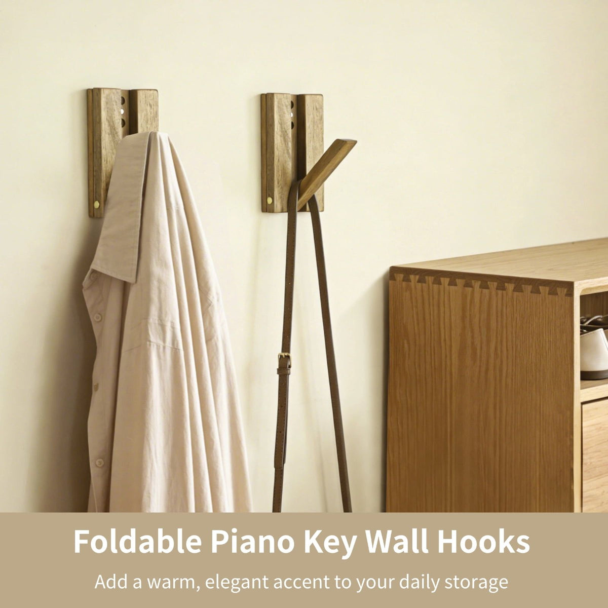 4PCS Foldable Wall Hooks, Wooden Folding Coat Hooks, Piano Key Wall Mounted Racks, Decorative Towel Robe Hat Bag Holders for Bathroom, Bedroom, Entrance