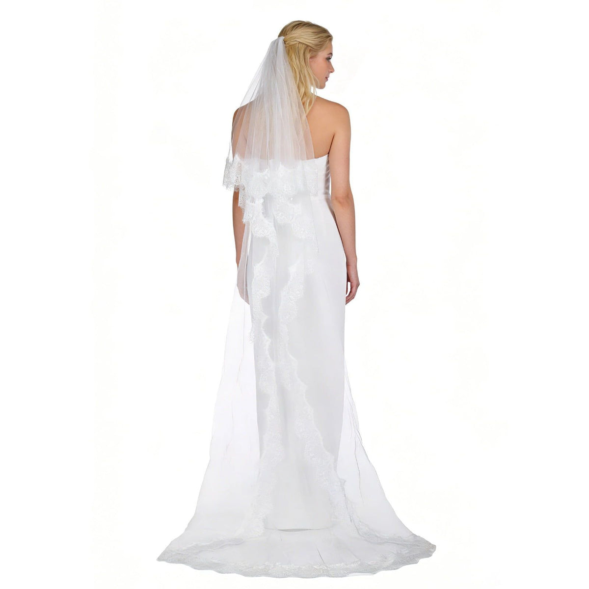 2 Tier Wedding Veil Lace, White Bridal Veil with Comb, Elegant Floral Trimmed Design for Church Ceremony & Anniversary