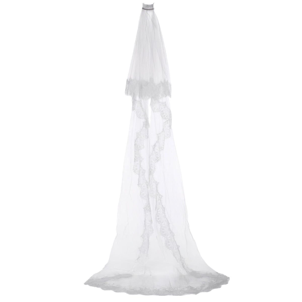 2 Tier Wedding Veil Lace, White Bridal Veil with Comb, Elegant Floral Trimmed Design for Church Ceremony & Anniversary