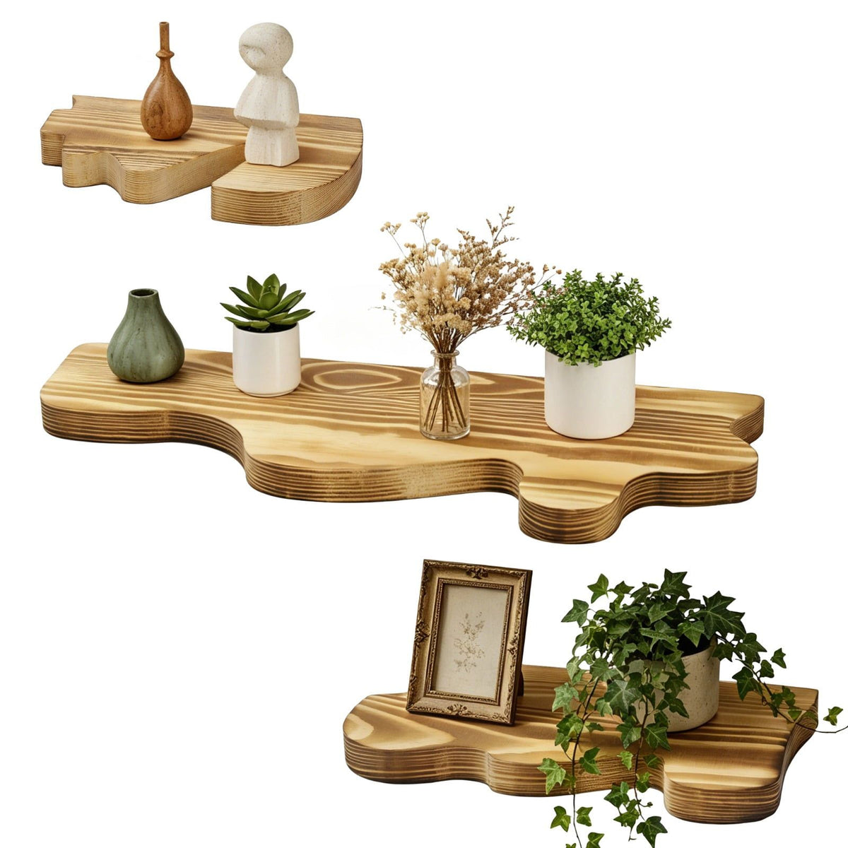 Wooden Floating Shelves, Rustic Wave Edge Wall Display Shelf Set of 3, Carbonized Pine Finish, Space-Saving Wall Mounted Storage Rack for Bathroom, Bedroom, Living Room, 3 Assorted Sizes