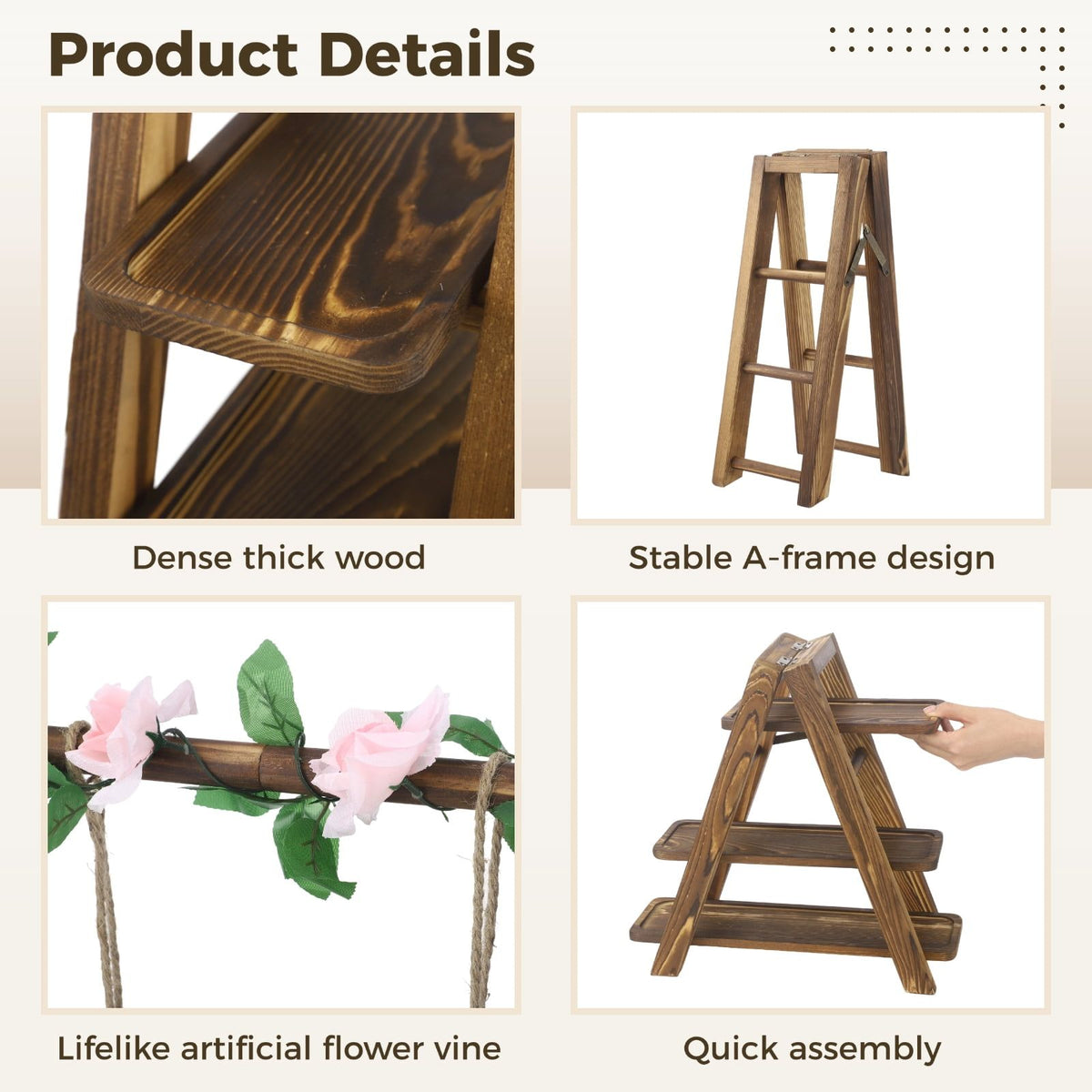 Wooden Multi-Tiered Dessert Stand with Swing and Flower Vine, A-Frame Foldable Wood Cake Serving Rack, 32" x 7.9" x 15.7" x 13.8" for Parties, Weddings, Buffets, Easy Assembly