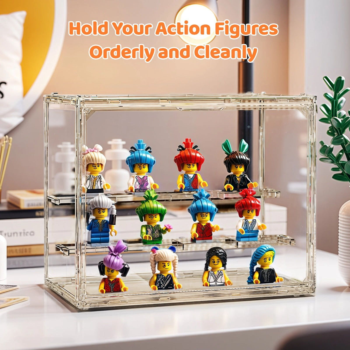 4PCS Action Figures Display Boxes, 3 Tiers Clear PET Display Cases with 2 Movable Plates, Display Storage Boxes with Door, Protective Display Cases for Action Figures