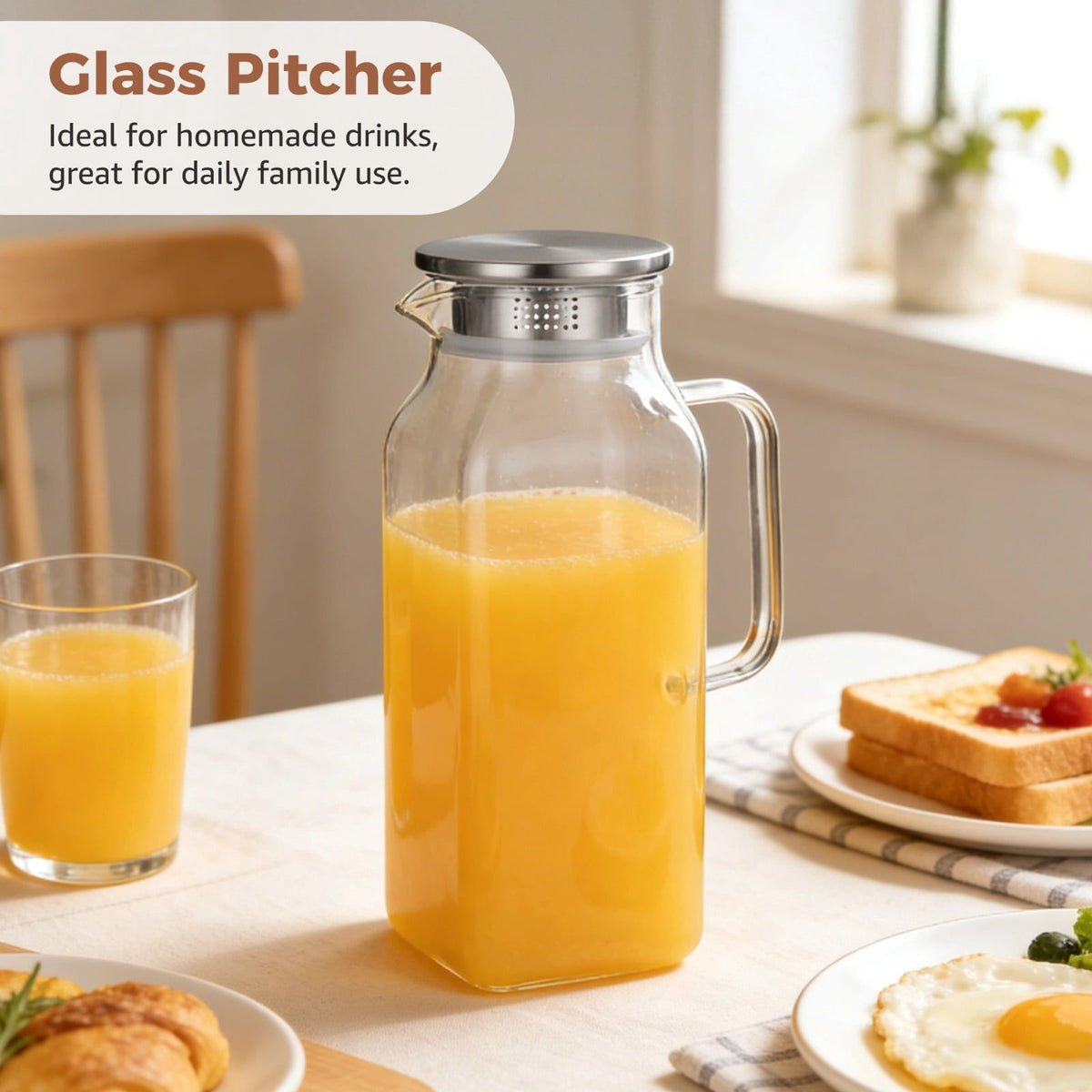 High Borosilicate Glass Water Pitcher, 68oz / 2L Square Carafe with Stainless Steel Lid, Heat Resistant Beverage Drinking Jug for Hot Cold Liquids, Home, Restaurant Use