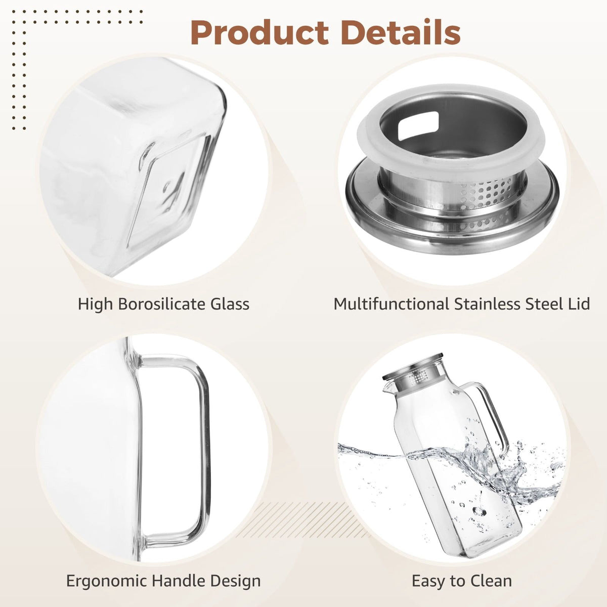 High Borosilicate Glass Water Pitcher, 68oz / 2L Square Carafe with Stainless Steel Lid, Heat Resistant Beverage Drinking Jug for Hot Cold Liquids, Home, Restaurant Use