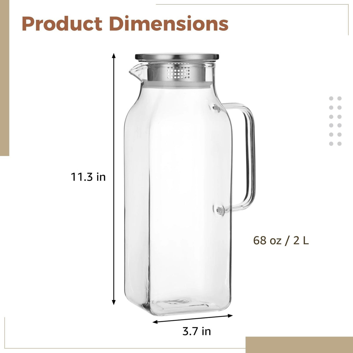 High Borosilicate Glass Water Pitcher, 68oz / 2L Square Carafe with Stainless Steel Lid, Heat Resistant Beverage Drinking Jug for Hot Cold Liquids, Home, Restaurant Use