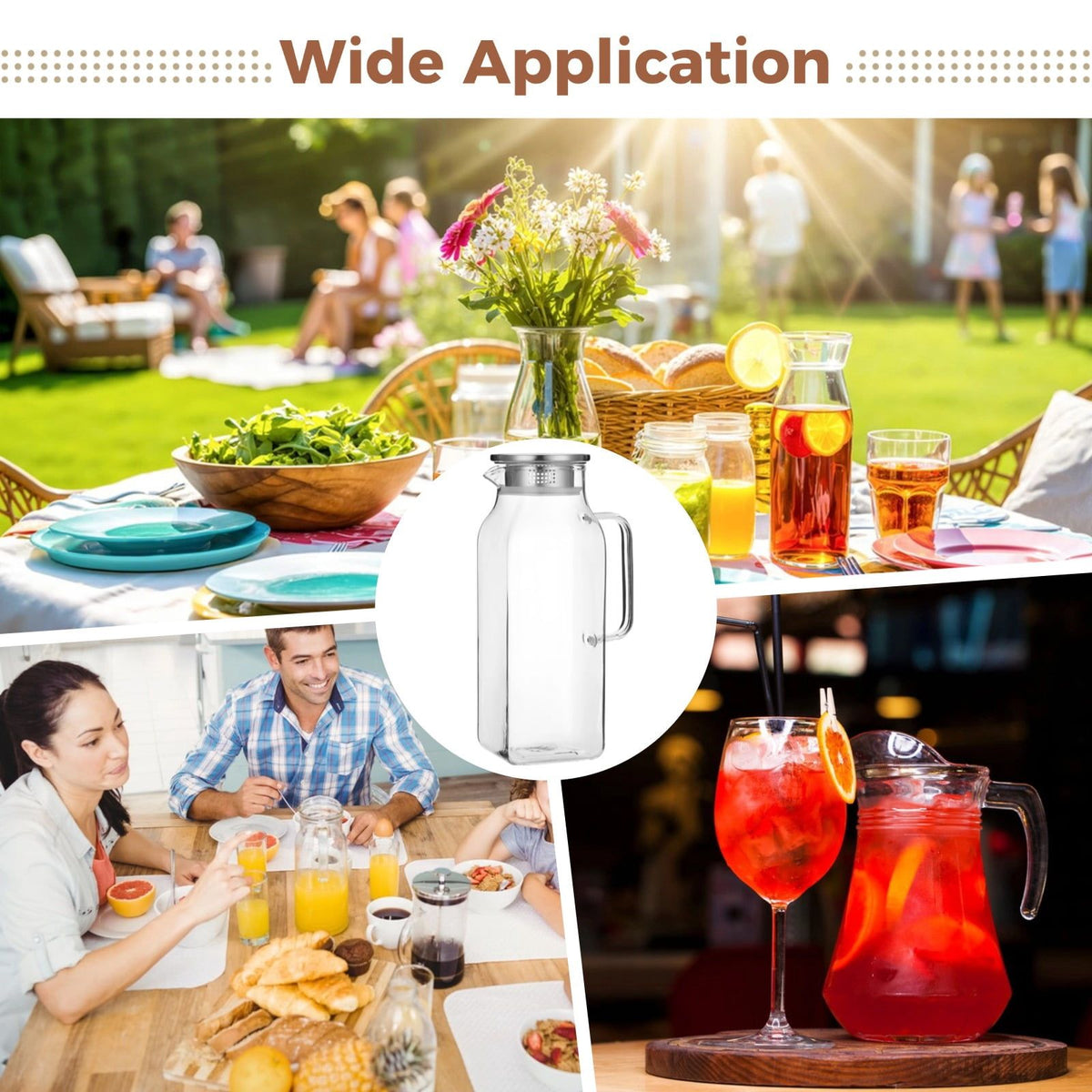 High Borosilicate Glass Water Pitcher, 68oz / 2L Square Carafe with Stainless Steel Lid, Heat Resistant Beverage Drinking Jug for Hot Cold Liquids, Home, Restaurant Use