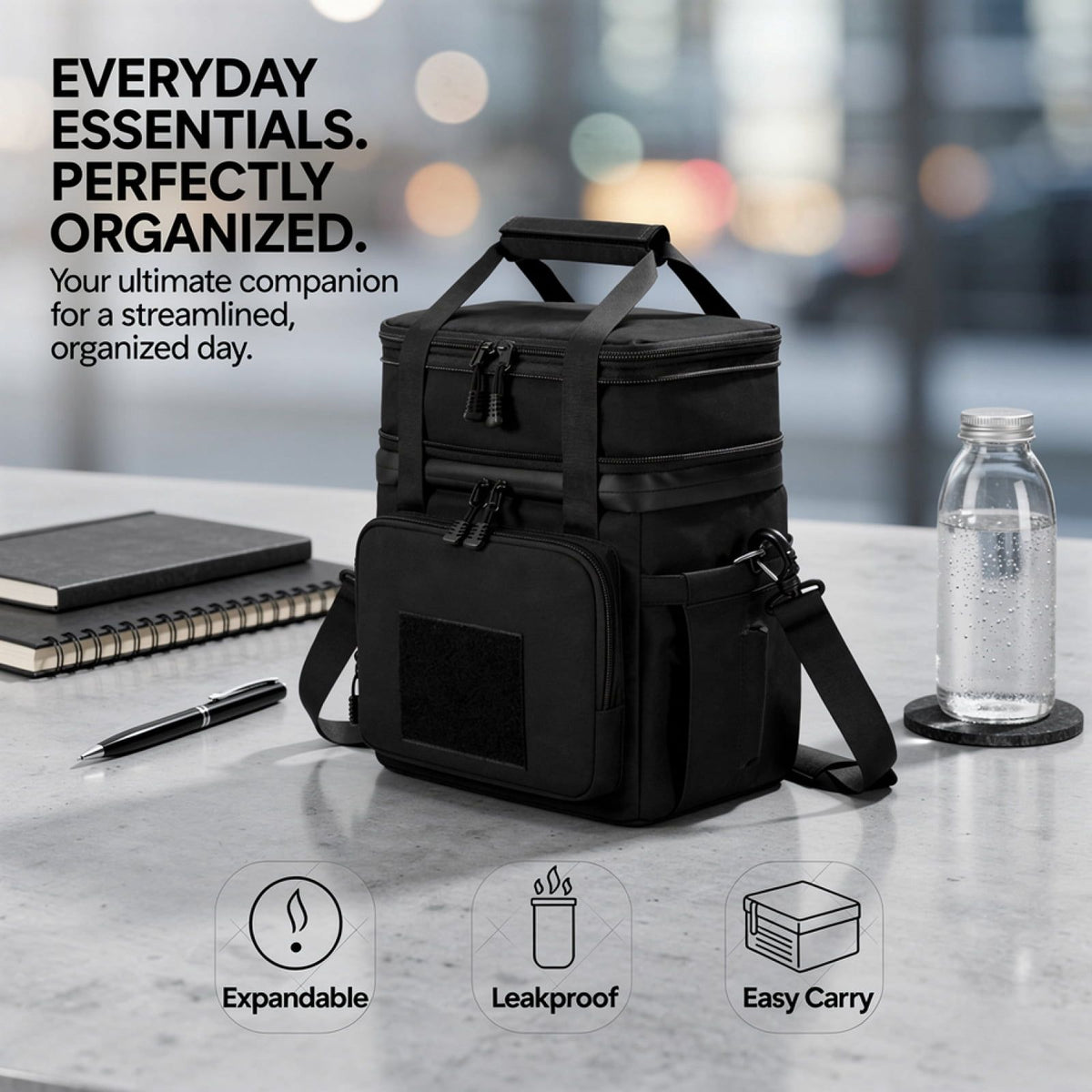 Double Layer Insulated Lunch Bag for Men, Expandable Lunch Cooler Bag with Leakproof Waterproof Lining, Oxford Cloth Tote with Shoulder Strap Tissue Pocket for Work Picnic Camping