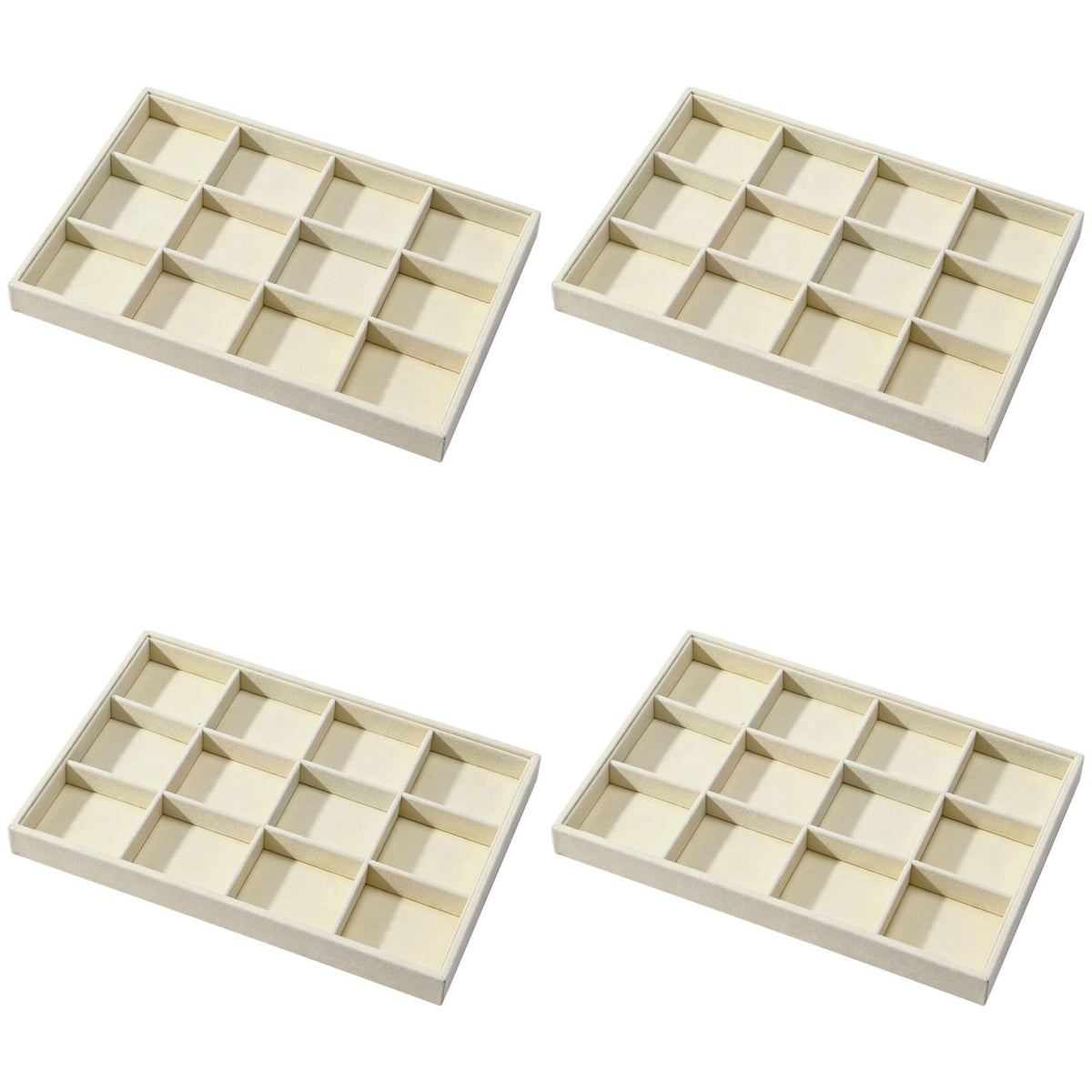 4PCS Velvet Jewelry Tray Organizer, Stackable Display Storage with 12 Compartments, Gentle Wood Frame & Soft Lining, 13.8" x 9.4" x 1.2" for Earrings Watches Bracelets Rings