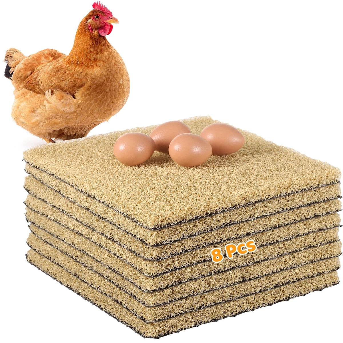 8PCS Chicken Nesting Pads, Washable Nesting Box Liners for Chicken Coop, Reusable Plastic Nest Box Pads with 4PCS Fake Wooden Eggs, Cuttable Chicken Laying Mats, 12×12×0.8