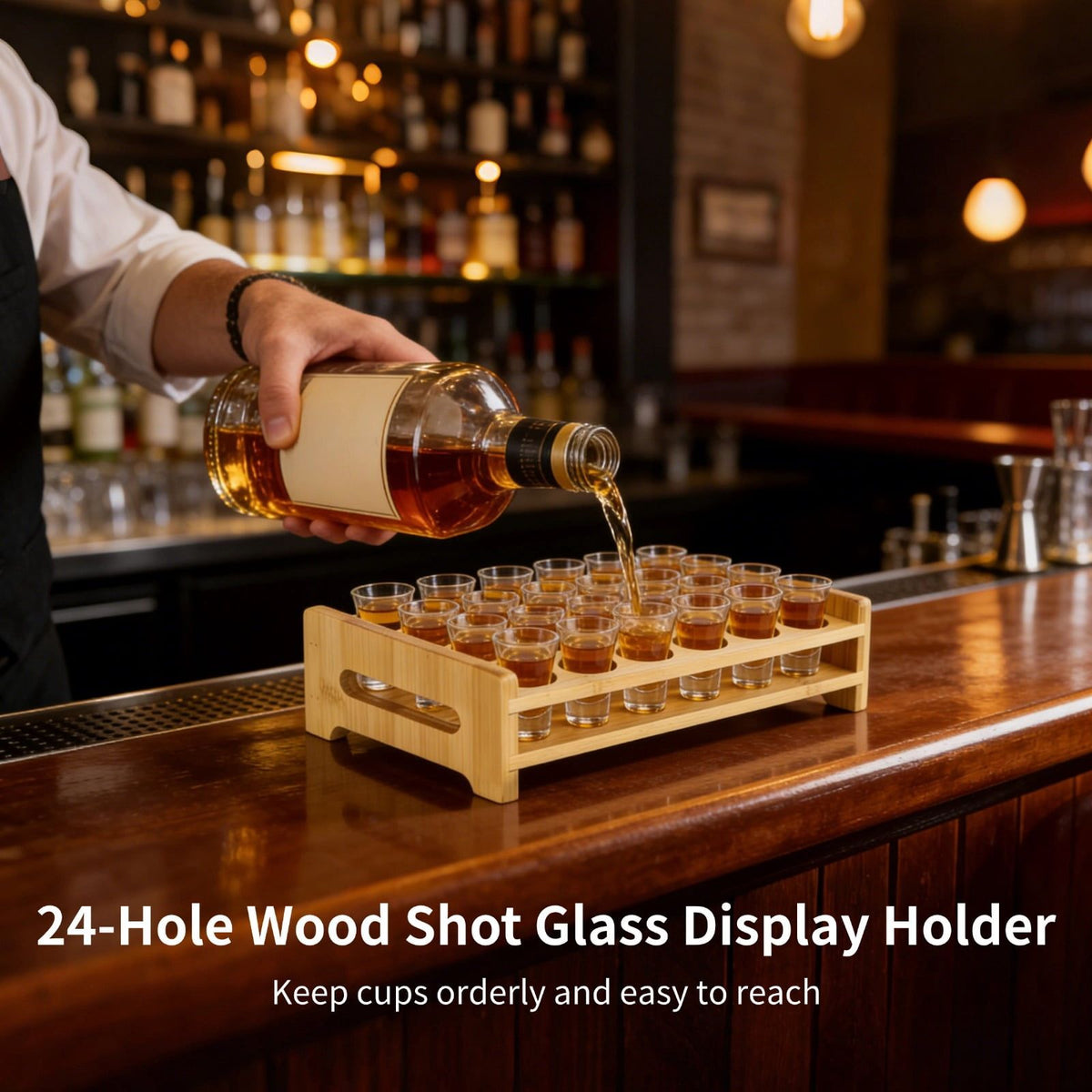 24-Hole Wood Shot Glass Display Holder, Natural Wood Serving Tray Rack Organizer for Home Bar Party, Sturdy Storage for Cocktail Shots, Test Tubes, 10.1" x 6.3" x 2.6" with 1.1" Holes