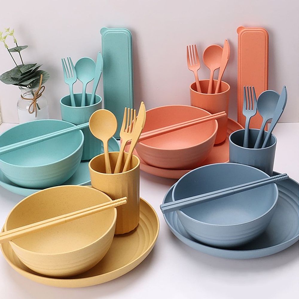 Wheat Straw Dinnerware Sets For 4, Camping Plates Cups And Bowls Set, Dishwasher Microwave Safe Dishes, Wheat Straw Plates And Bowls Sets