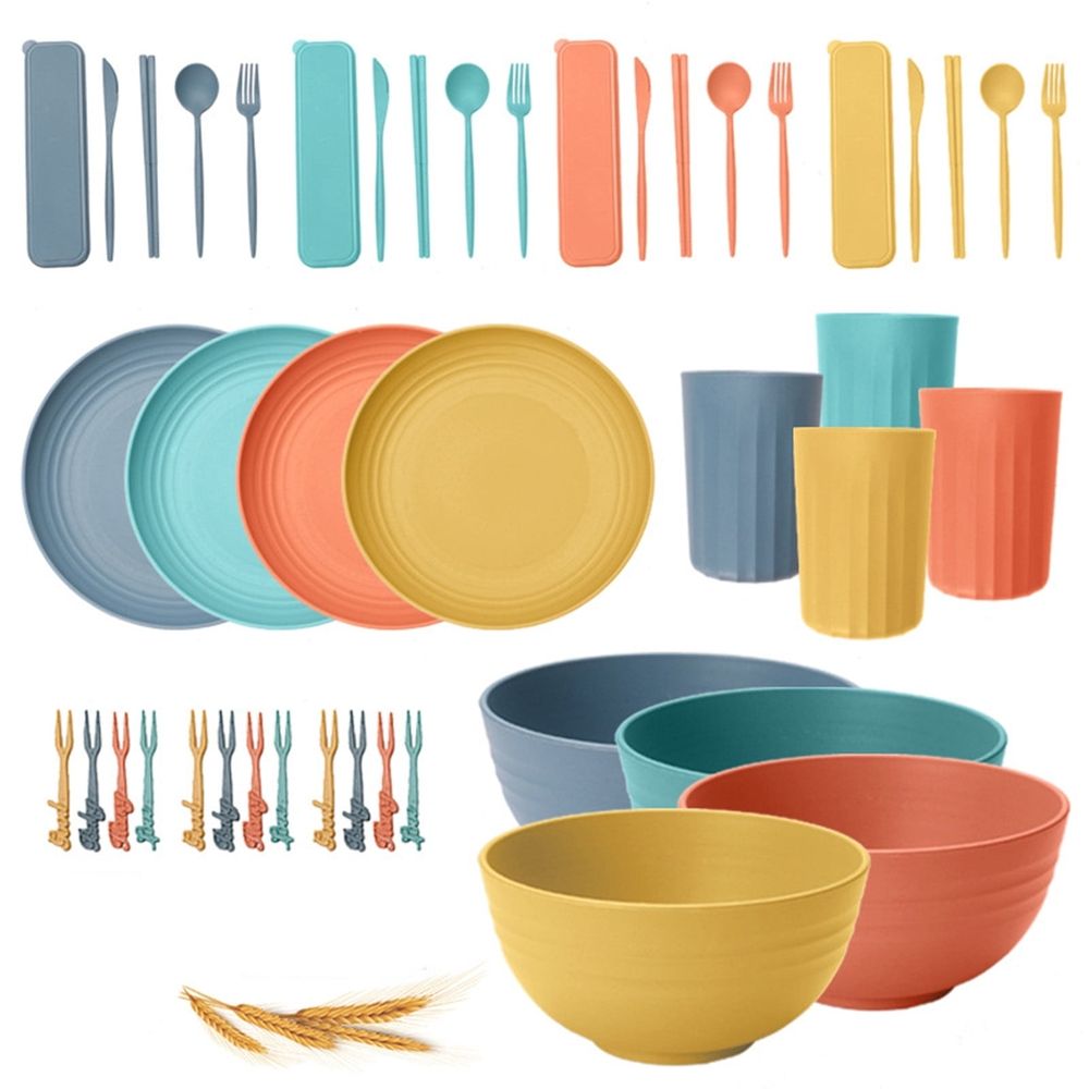 Wheat Straw Dinnerware Sets For 4, Camping Plates Cups And Bowls Set, Dishwasher Microwave Safe Dishes, Wheat Straw Plates And Bowls Sets
