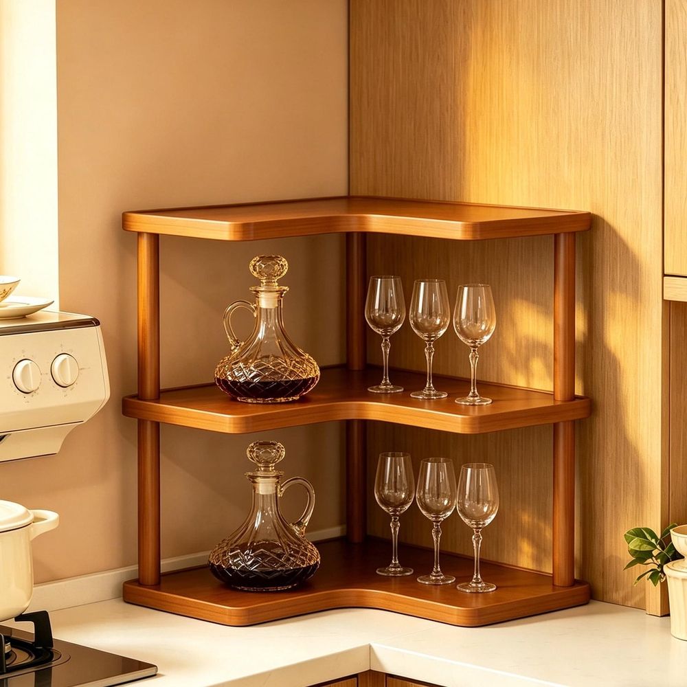 Kitchen Countertop Corner Spice Rack, Desktop Wood Bookshelf Bookcase, Household Cupboard Cabinet Coffee Mug Cup Storage Shelf Condiment Seasoning Organizer