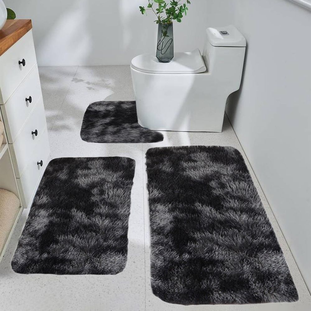 3-Piece Mixed Color Bathroom Rug Set - Soft Plush Velvet Fleece Non-Slip Absorbent Mats for Shower, Toilet & Bath - Washable Dark Blue Gray Khaki Red Pink Brown