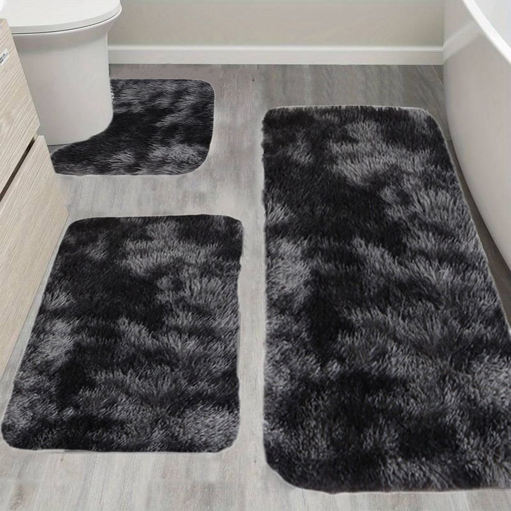 3-Piece Mixed Color Bathroom Rug Set - Soft Plush Velvet Fleece Non-Slip Absorbent Mats for Shower, Toilet & Bath - Washable Dark Blue Gray Khaki Red Pink Brown