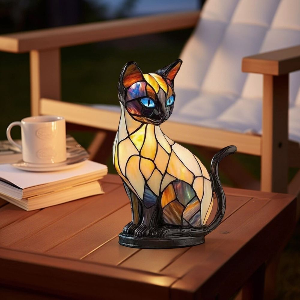 Stained Glass Cat Lamp Resin Table Lamp Warm Ambient Light 6.3×4.72×3.54in for Bedroom Desk(B)