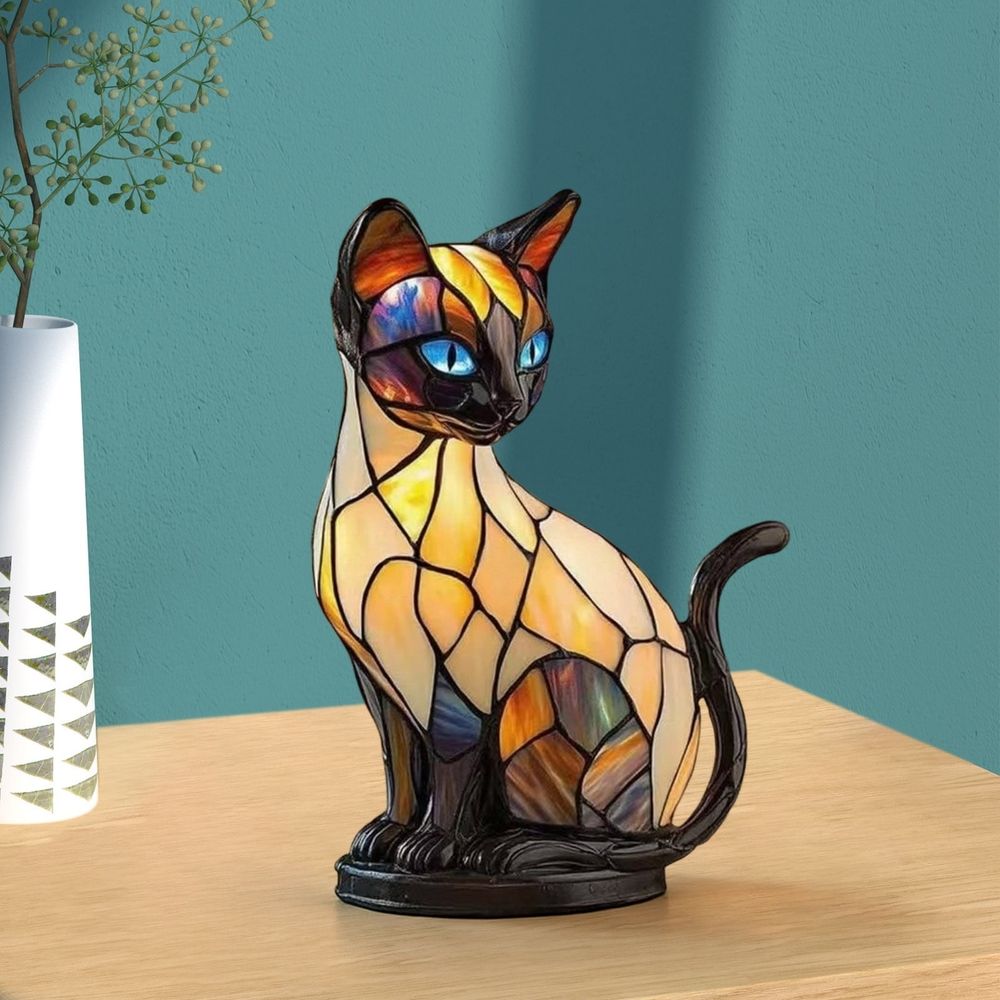Stained Glass Cat Lamp Resin Table Lamp Warm Ambient Light 6.3×4.72×3.54in for Bedroom Desk(B)