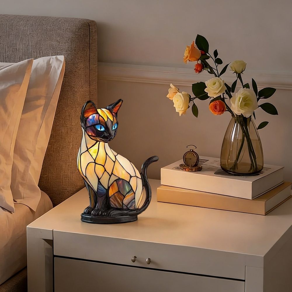 Stained Glass Cat Lamp Resin Table Lamp Warm Ambient Light 6.3×4.72×3.54in for Bedroom Desk(B)