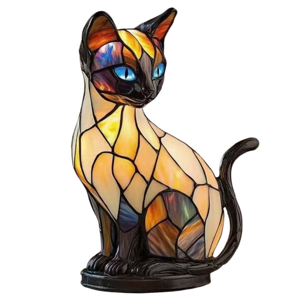 Stained Glass Cat Lamp Resin Table Lamp Warm Ambient Light 6.3×4.72×3.54in for Bedroom Desk(B)