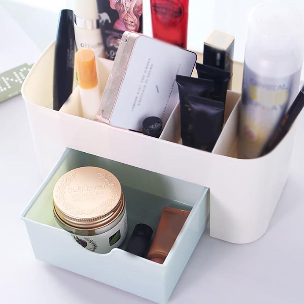 Makeup Organizer Cosmetic Display Cases with Small Drawer, Desktop Skincare Box for Bathroom Countertop, Bedroom Vanity Desk, Blue