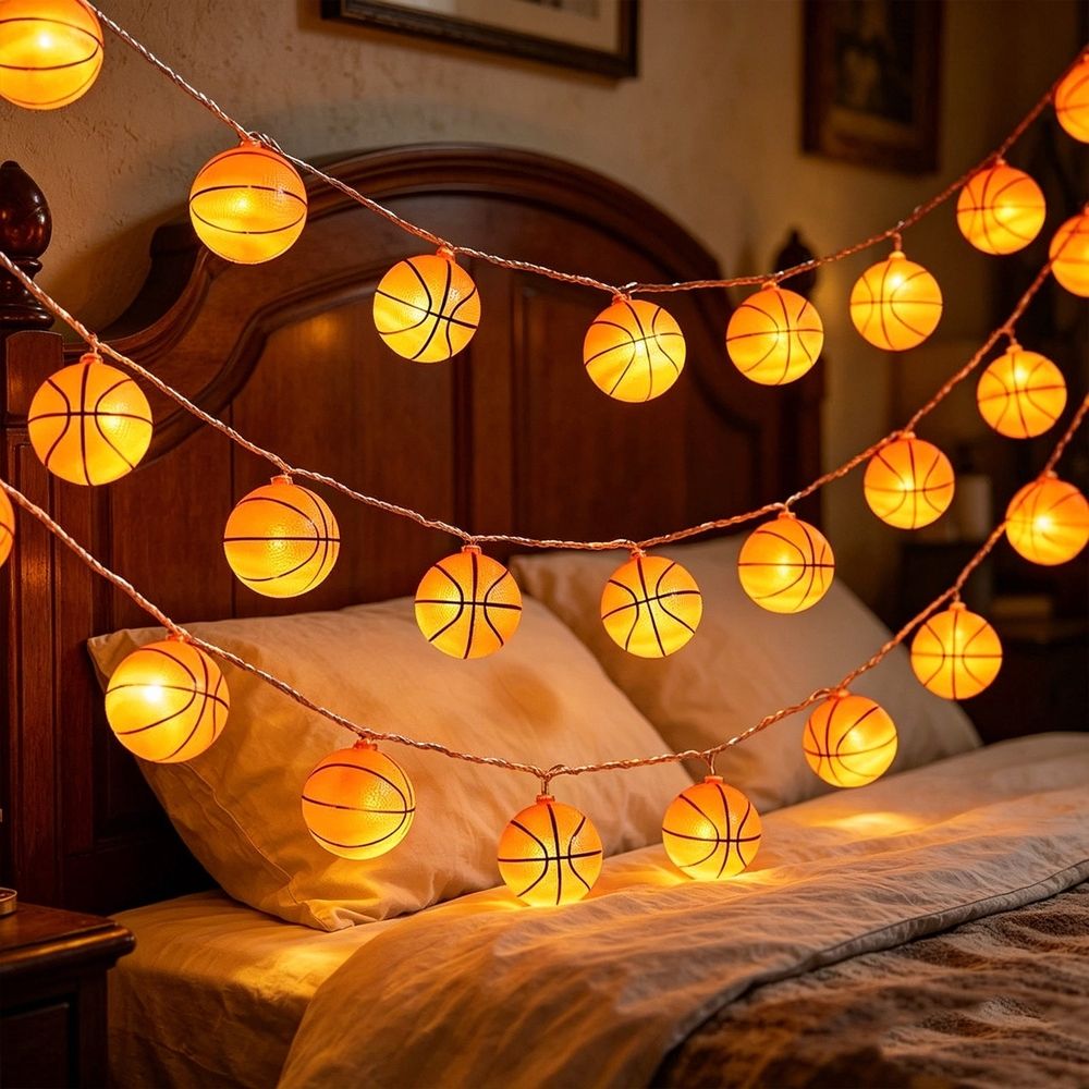 118in Basketball String Lights, 20 LEDs Sports Themed Fairy Lights, Battery Powered Waterproof Indoor Outdoor Decor for Bedroom Patio Party Backyard