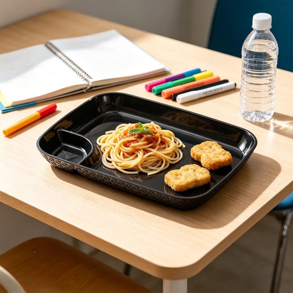 Divided Dinner Plates, Compartmentalized Plastic Meal Tray, Microwave Dishwasher Safe Kids Tray 9.84x7.28in for Home School Lunch, Black
